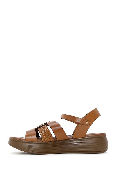 Derimod Women's Tan Thick Soled Knitted Detailed Genuine Leather Sandals 25Sfd331818
