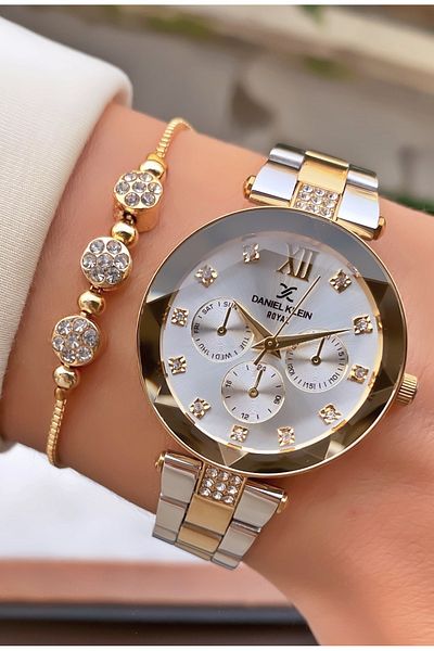 Daniel Klein Yellow Silver Women's Wristwatch and Bracelet Gift