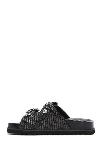 Derimod Women's Black Straw Stone Slippers 25Sfd4403M7