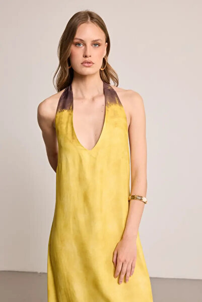 Gusto Halter Neck Long Satin Dress - Yellow