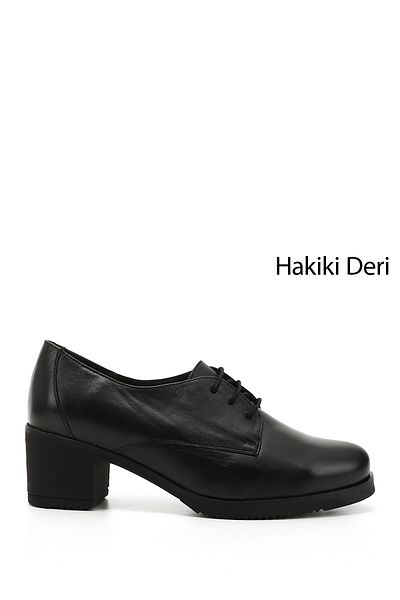 GÖNDERİ(R) Women's Black Lace-Up Medium Thick Heeled Genuine Leather Oxford Shoes