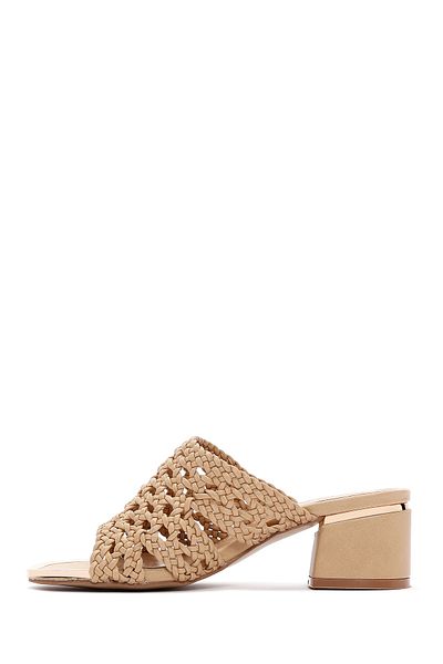 Derimod Women's Beige Braided Short Thick Heeled Slippers 25Sfe 460918