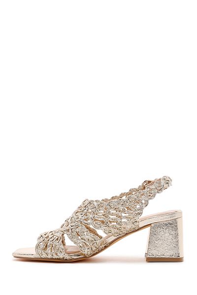 Derimod Women's Gold Braided Metallic Thick Short Heeled Evening Dress Shoes Sandals 25Sfd440632