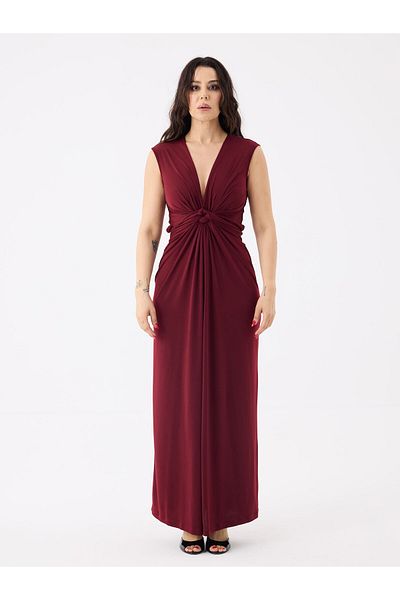 RİVUS Dress with Twist Detail and Belt on the Front - Burgundy