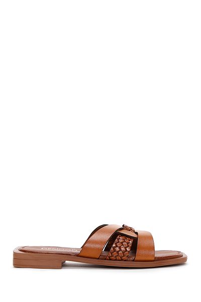 Derimod Women's Tan Knitted Detailed Leather Slippers 25Sfd 330118