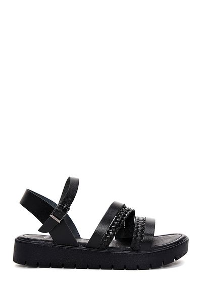Derimod Women's Black Thick Soled Knitted Detailed Genuine Leather Bodrum Sandals 25Sfd330918