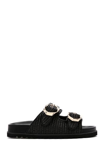 Derimod Women's Black Double Buckle Straw Slippers 25Sfd4402M7