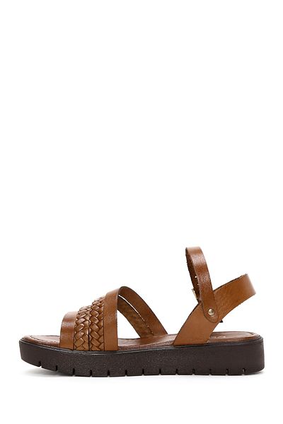 Derimod Women's Tan Thick Soled Knitted Detailed Genuine Leather Bodrum Sandals 25Sfd330918
