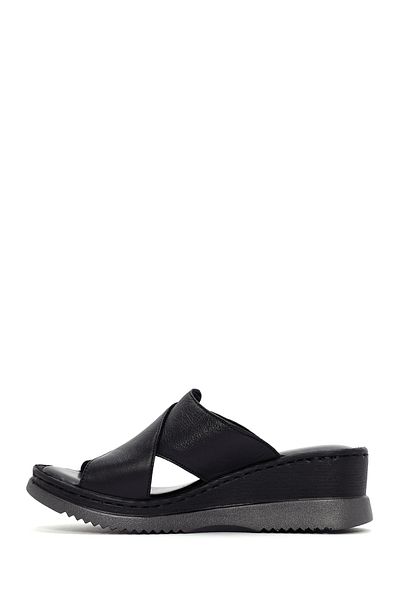 Derimod Women's Black Thick Soled Leather Comfort Slippers 25Sfd 320118