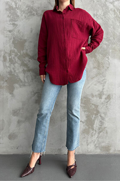 macharel jeans Γυναικείο πουκάμισο Βουργουνδίας Oversize Βαμβακερό