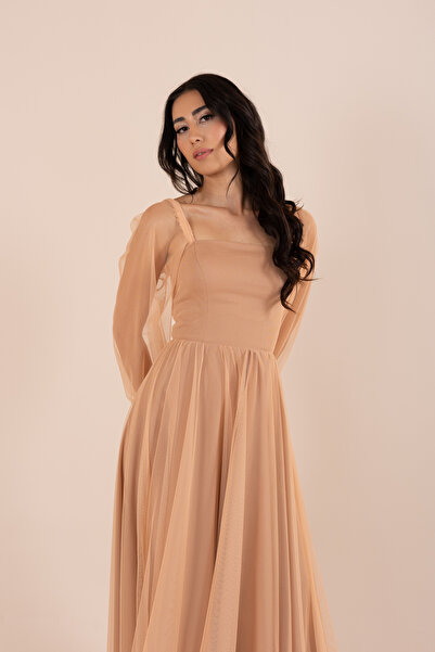 berissima bride Kare Yaka Tül Balon Kol Uzun Elbise