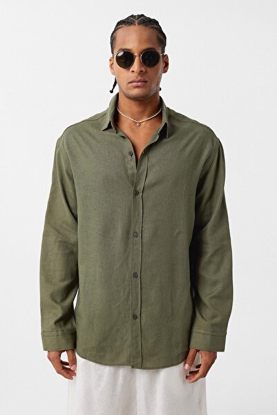VAMOSCLO Basic Oversize Long Sleeve Linen Shirt Khaki