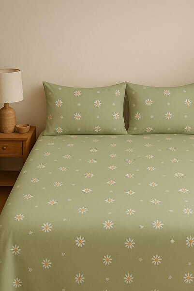 Rivaİstanbul Double Bed Sheet Minimal Green Daisy Cotton