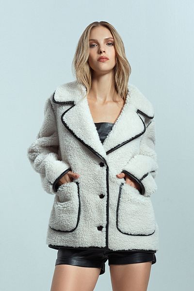 Derimod Valley Women's Beige Double Breasted Lapel Teddy Coat 24Wgp5269Ff