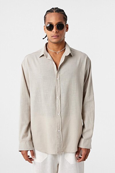 VAMOSCLO Βασικό πουκάμισο από βαμβακερό λινό oversized μπεζ