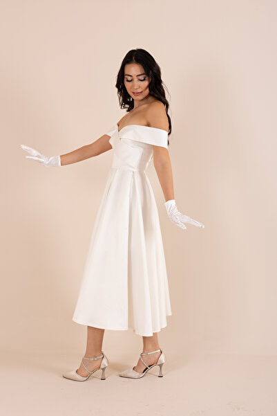 berissima bride Julia Saten Kalp Yaka Midi Nikah Elbisesi