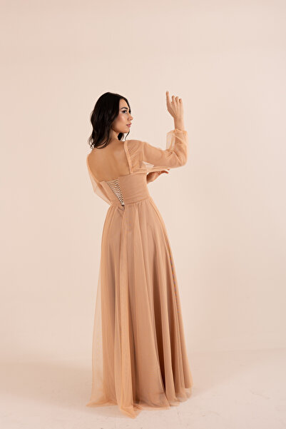 berissima bride Kare Yaka Tül Balon Kol Uzun Elbise