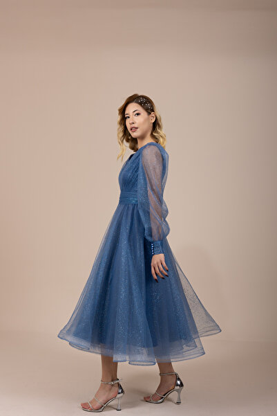 berissima bride Aurora V Yaka Simli Tül Midi Elbise
