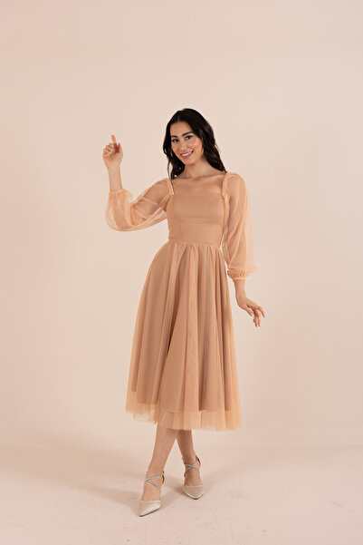 berissima bride Kare Yaka Tül Balon Kol Midi Elbise