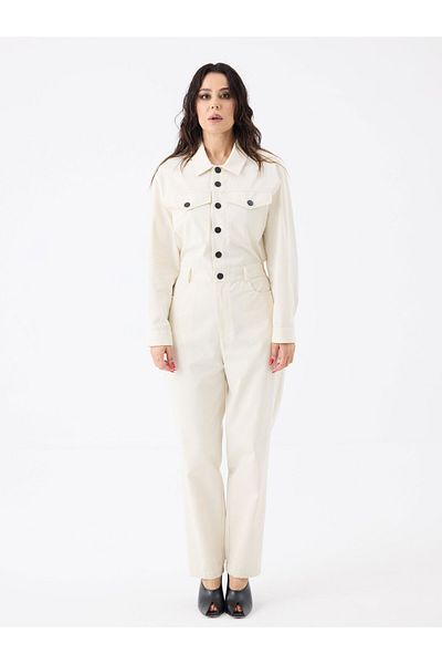 RİVUS Long Sleeve Jumpsuit with Metal Snaps on the Front - Ecru