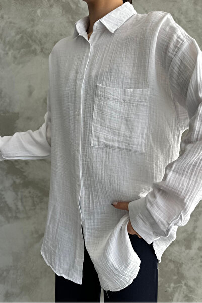 macharel jeans Λευκό Oversize βαμβακερό γυναικείο πουκάμισο