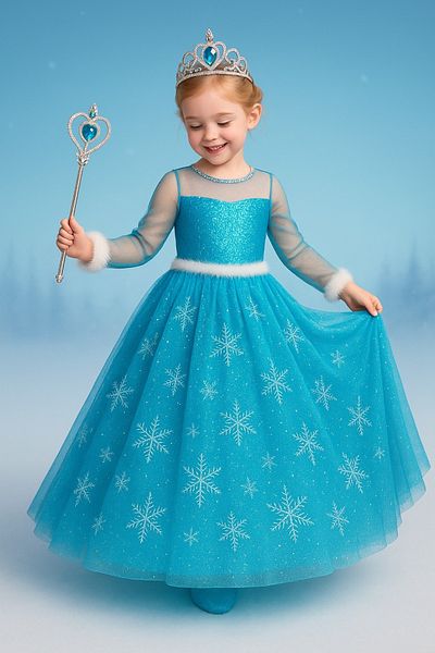 Parti Kırtasiye Rochie Elsa - Costum Frozen Coroana Sceptru Mănuși Cadou Frozen Costum Tarlatan cu mânecă lungă