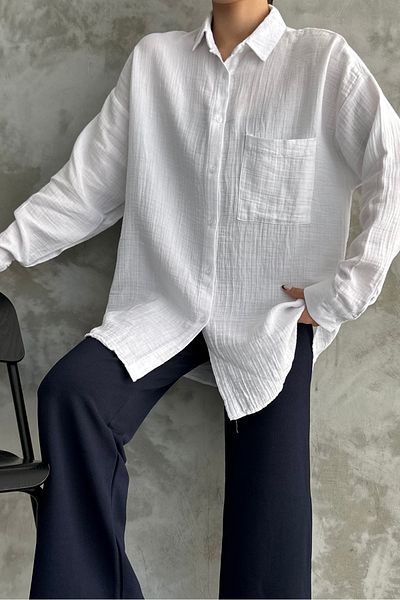 macharel jeans Λευκό Oversize βαμβακερό γυναικείο πουκάμισο