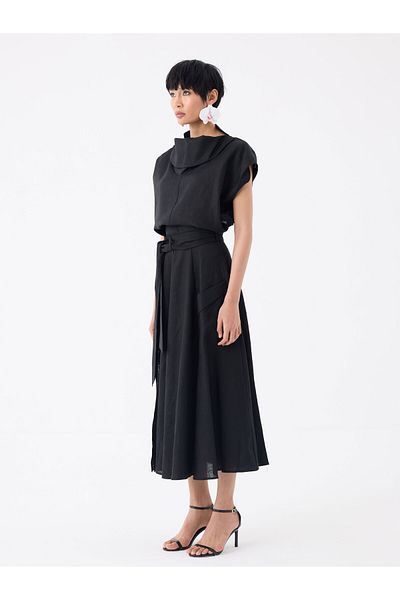 RİVUS Belted Waist Zippered Slit Detailed Linen Skirt with Pockets - Black