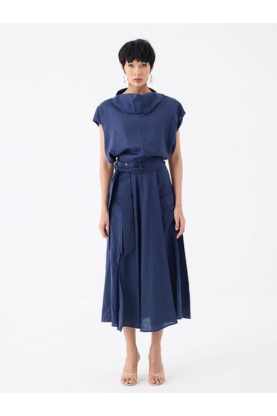 RİVUS Belted Waist Zippered Slit Detailed Linen Skirt with Pockets - Navy Blue