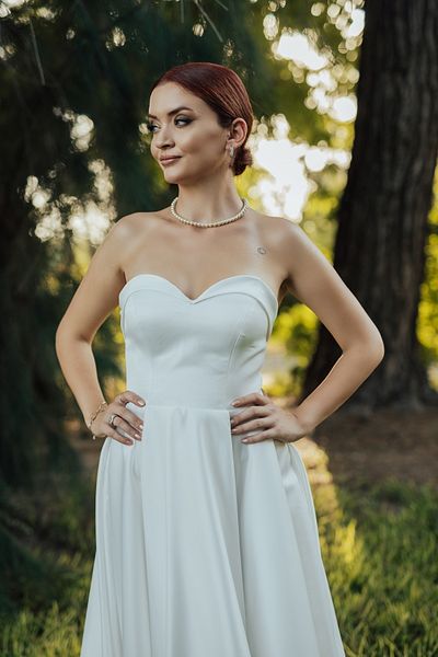 berissima bride Marcia Satin Strapless Midi Wedding Dress