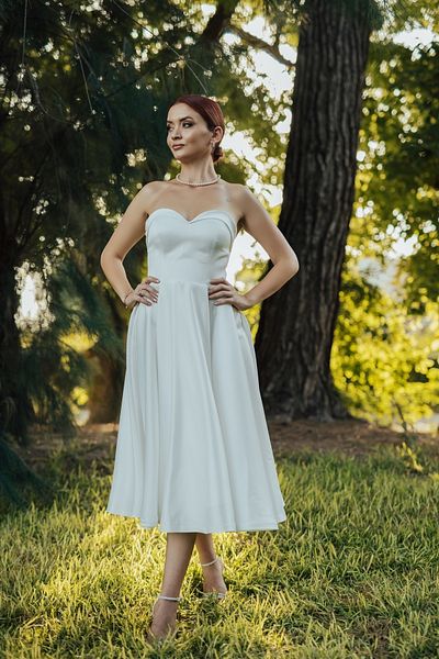berissima bride Marcia Satin Strapless Midi Wedding Dress