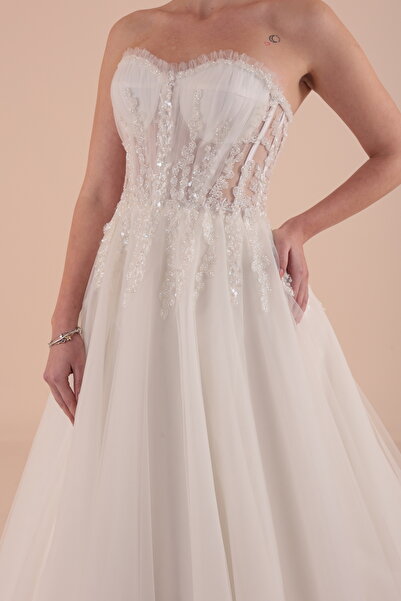 berissima bride Transparan Drapeli Kalp Yaka Helen Gelinlik