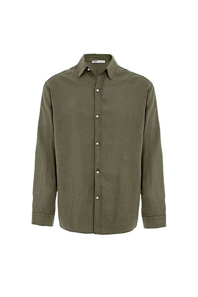 VAMOSCLO Basic Oversize Long Sleeve Linen Shirt Khaki