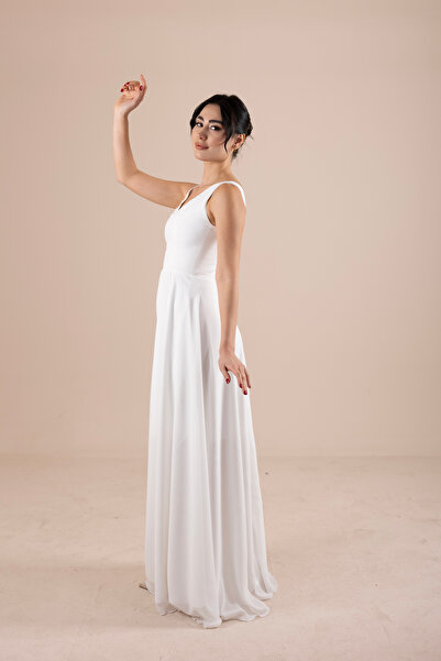 berissima bride V Yaka Şifon Nikah & Dış Çekim Elbisesi