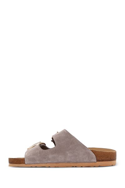 Derimod Women's Beige Buckle Suede Leather Slippers 25Sfd 130110