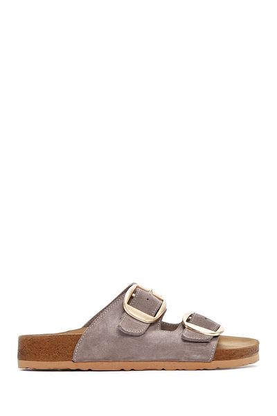 Derimod Women's Beige Buckle Suede Leather Slippers 25Sfd 130110