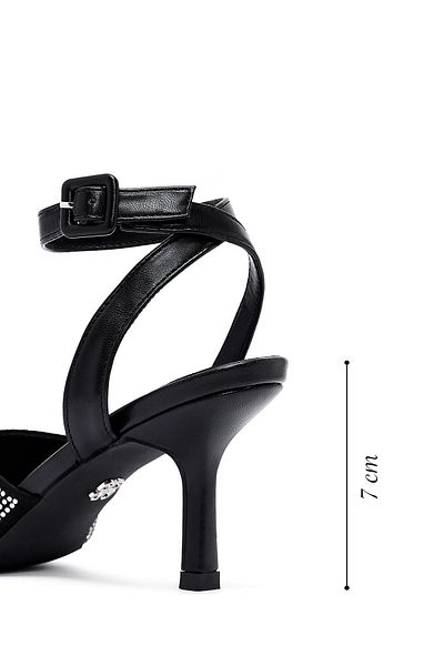Derimod Women's Black Ankle Buckle Stone Thin Heeled Shoes Sandals 25Sfe4816Ts