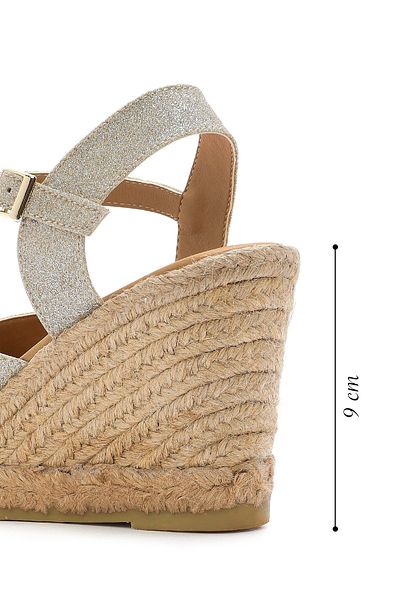 Derimod Women's Gold Glitter Ankle Buckle Wedge Heeled Shoes Espadrille Sandals 25Sfd2074Sm