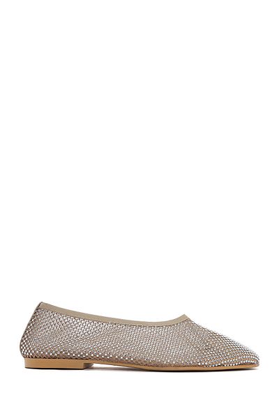 Derimod Women's Beige Stone Genuine Leather Summer Ballerina Shoes 25Sfd1817Ts