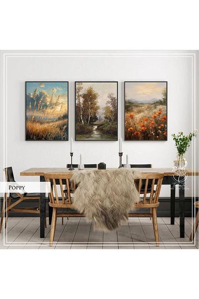 Tablomtr Set de 3 picturi Poppy cu cadru metalic din sticlă reală