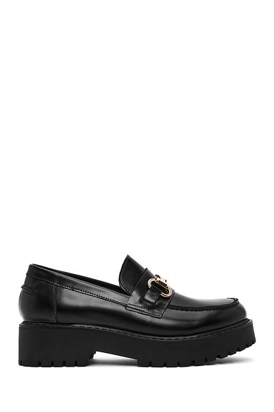 Derimod Women's Black Buckle Detailed Thick Soled Genuine Leather Masculine Casual Loafer Shoes 25Sfd180222