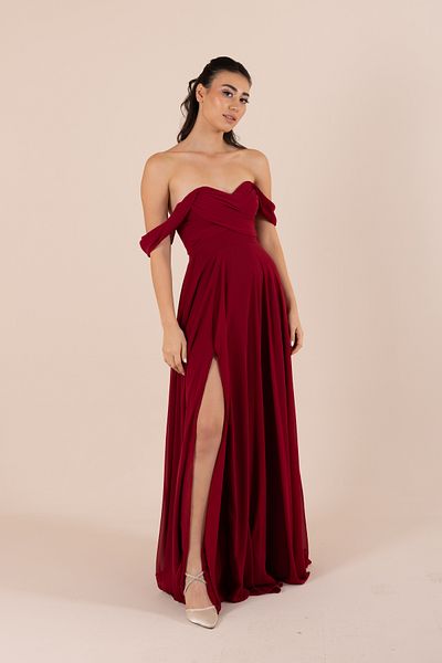 berissima bride Rochie de seara din sifon cu maneca joasa Lotus Draped Burgundy