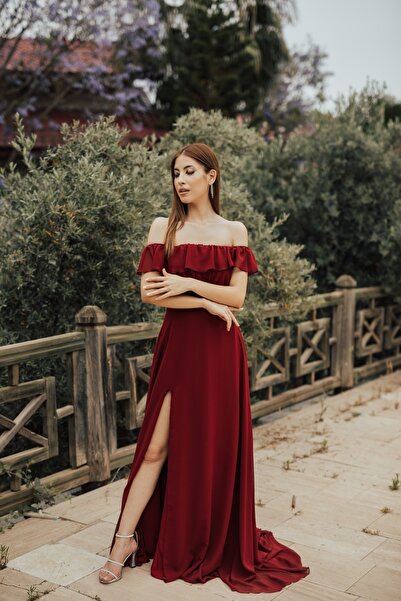 berissima bride Vesta Şifon Volan Yaka Bordo Abiye Elbise