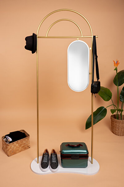 Fec Reklam Metal Ayaklı Askılık Aynalı Konfeksiyon Askılığı Gold Elbise Askıl...