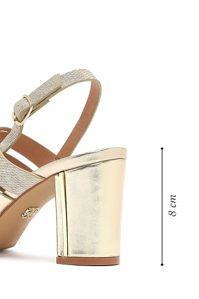 Derimod Women's Gold Ankle Buckle Thick Heeled Evening Dress Shoes Metallic Sandals 25Sfe466632