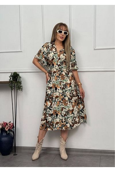 sharin Women's V-Neck Buttoned Summer Woven Midi Dress 4C-2326