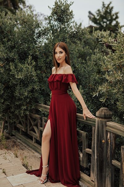 berissima bride Vesta Şifon Volan Yaka Bordo Abiye Elbise