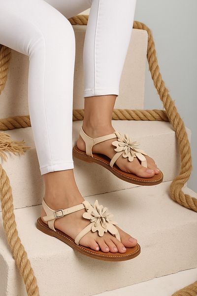 Deriderim Sandale de damă - piele de căprioară autentică albă, florale, talpă flip flop, piele naturală maro, curea la gleznă