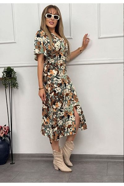 sharin Women's V-Neck Buttoned Summer Woven Midi Dress 4C-2326