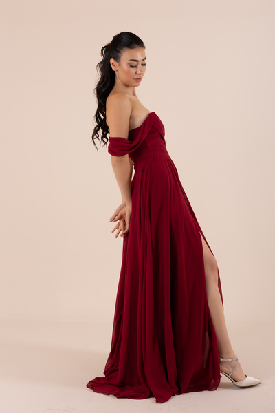 berissima bride Lotus Drapeli Düşük Kol Şifon Bordo Abiye Elbise